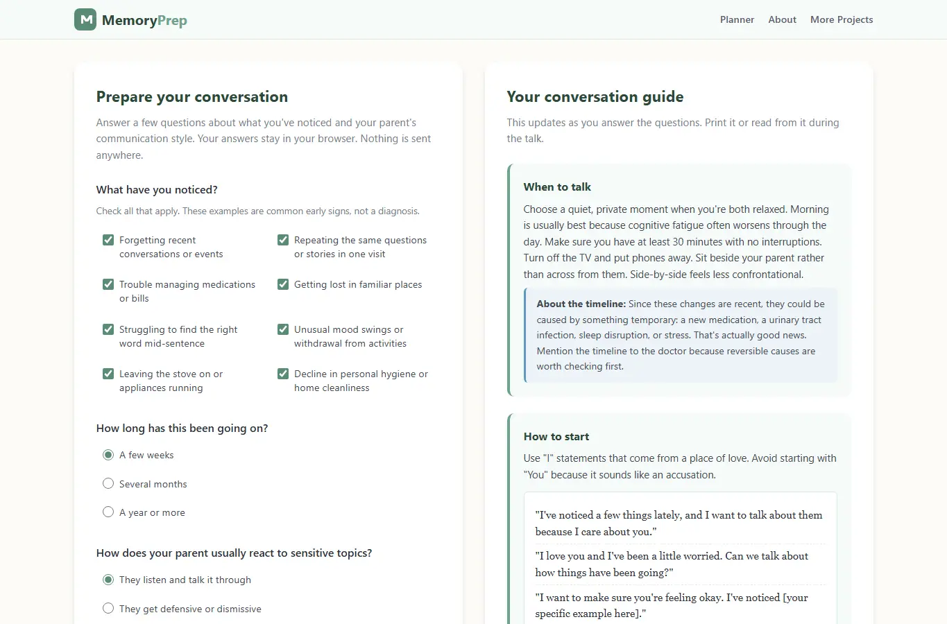 Screenshot of Memory Care Conversation Prep interface showing the project page in use